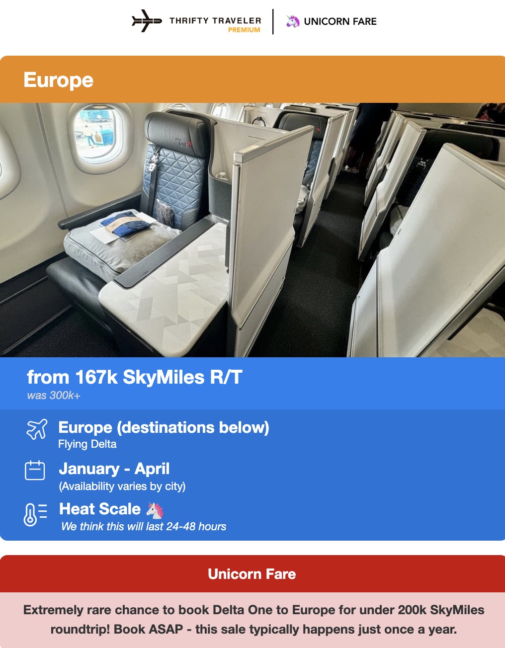Delta One Suite business class seat in a Unicorn flight deal to Europe from 167,000 SkyMiles RT